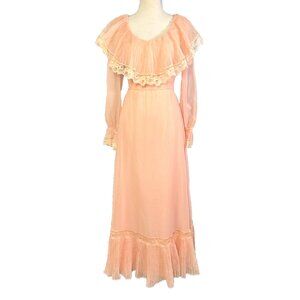 Vintage 1960s Jack Bryan Dress Delicate Peach Lace 3 Layer Skirt Boho Prairie